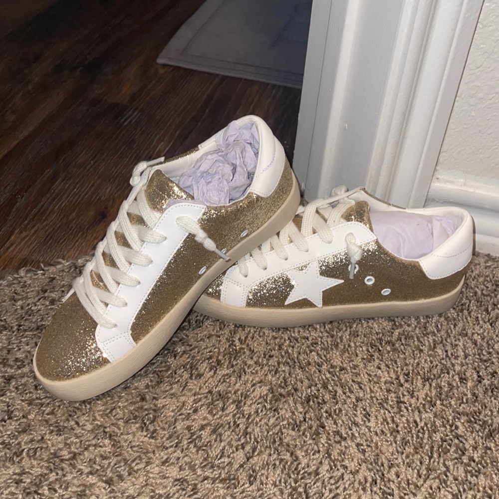 New in box, gold and white star sneakers- Size 9